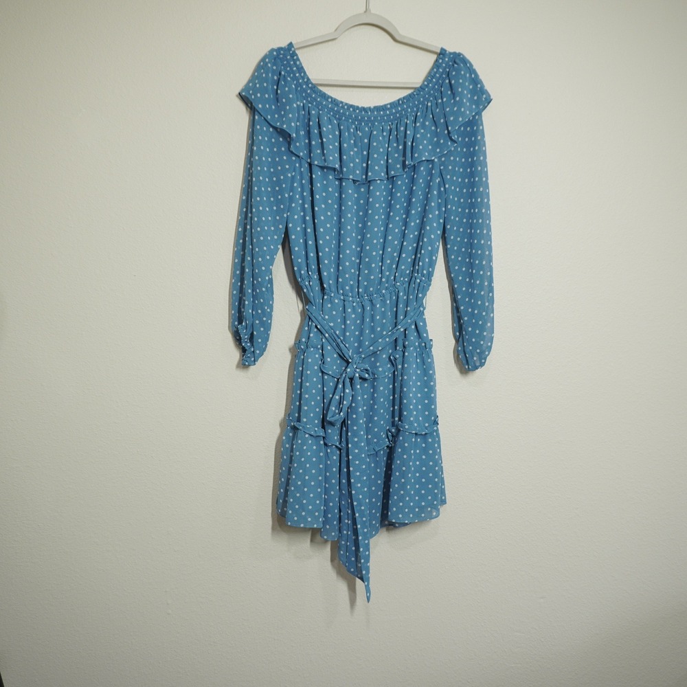 Lauren Ralph Lauren Women's Size 14 Blue Polka Dot Dress Ruffle Off Shoulder